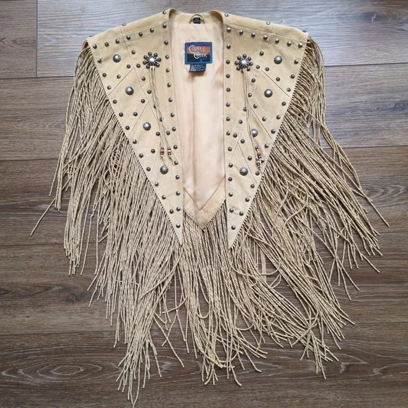 Cripple Creek Vest Tan Leather Fringe Studded Western Capelet Poncho Festival OS - Picture 2 of 14